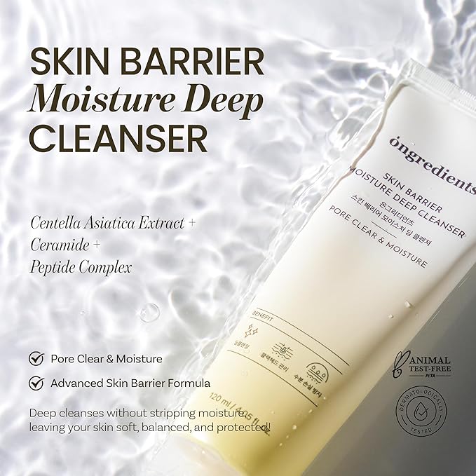ONGREDIENTS Skin Barrier Moisture Deep Cleanser | Daily Face Wash for All Types | Centella, Peptide, AHA, LHA, Hydrating, Soothing, Pore Tightening | Vegan, Korean Skin Care 4.06 fl Oz-Velvo Beauty