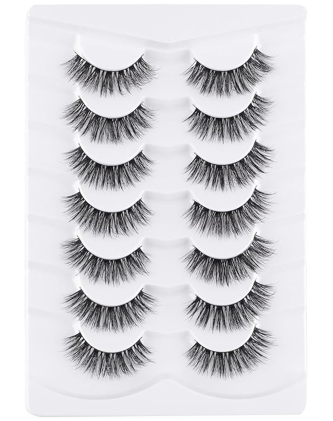 Lashes Wispy False Eyelashes Natural Look Fluffy Mink Lashes Doll Eyelashes Thick Faux Mink Eyelashes C Curl Fake Lashes 14MM 7 Pairs-Velvo Beauty