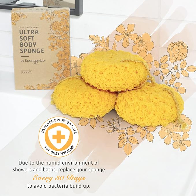 Spongentle Deep Cleansing Body Loofah Sponge, Natural Colors, for Bath and Shower, Multiple Textures for Gentle and Deep Exfoliation, Generous and Rich Lather, (Pack of 3)-Velvo Beauty