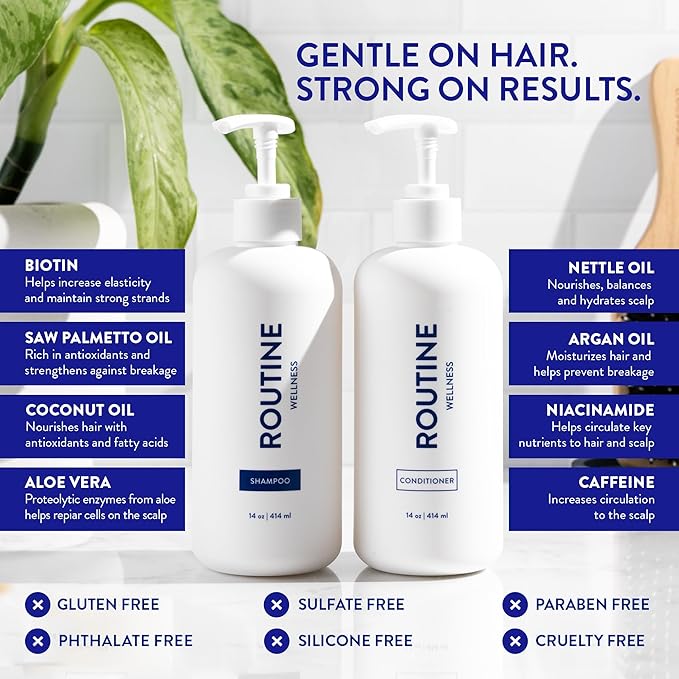Routine Wellness Shampoo and Conditioner Set and Hair Serum for Thinning Hair - DHT Blocker Women & Men - Color Safe Shampoo for Hair Loss & Hair Growth - Unscented Set + Serum-Velvo Beauty