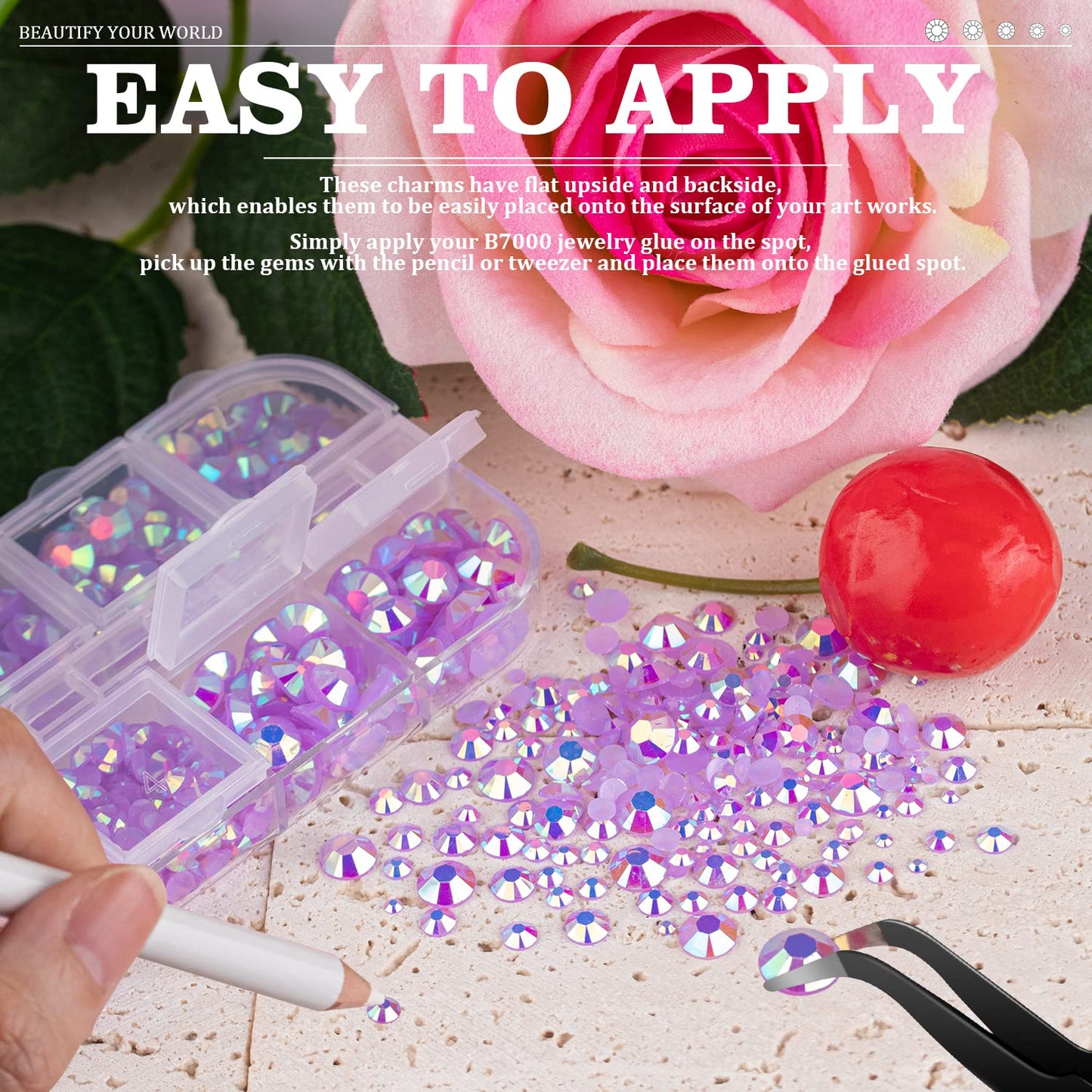 7000PCS Resin Rhinestones with Tweezers for Crafting, 2/3/4/5/6mm Flatback Jelly Rhinestones, 4 Box Lavender Purple AB Non Hotfix Crystal Gems for DIY Crafts Mugs Tumblers Clothes Makeup Nail-Velvo Beauty