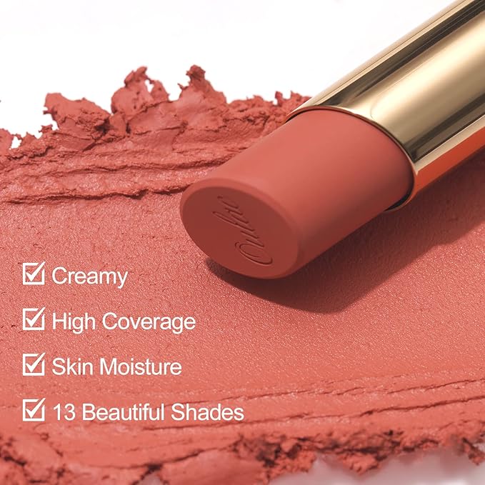 Oulac Nude Matte Lipstick for Women, Lipstick & Blush Duo, Peach Creamy Soft Satin Finish Lipsticks, Moisturising Formula, Rich Color Lightweight Lip Balm, Rose Oil, Vegan & Cruelty-Free| 3.6g (Y08)-Velvo Beauty