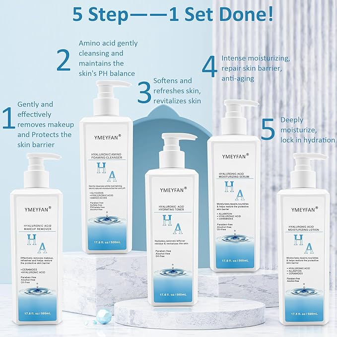 5 Step Skin Care Set, Large 17.6 Fl oz, All with Hyaluronic Acid Facial Skin Care Products, Makeup Remover, Cleanser, Toner, Serum, Lotion, Hydrating & Protect Skin, Sulfates & Paraben-Free-Velvo Beauty