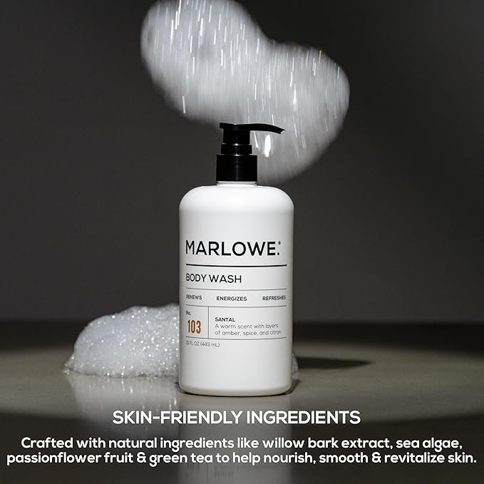 MARLOWE. No. 103 Body Wash 15 oz Pump, Santal, Energizing & Refreshing Shower Gel, Willow Bark & Green Tea Extracts, Cleanses, Moisturizes, Smooths & Nourishes, Warm Amber, Spice & Citron Scent-Velvo Beauty