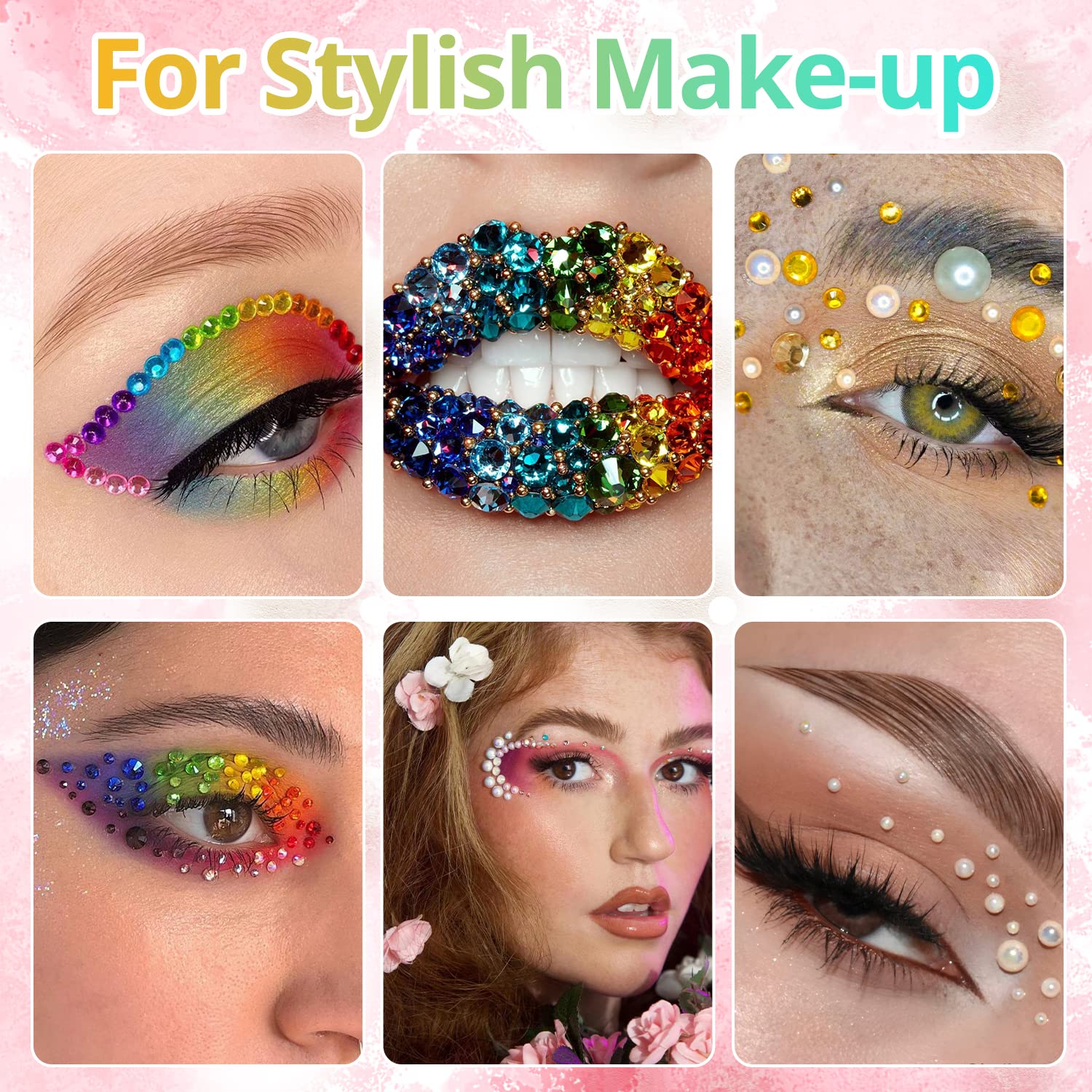 Colorful Flatback Face Gems and Beige AB Pearls for Makeup with Quick Dry Glue, Half Round Pearls Nail Art Rhinestones Glass Crystal Beads for Make-up Deco with Pickup Pencil + Tweezer-Velvo Beauty