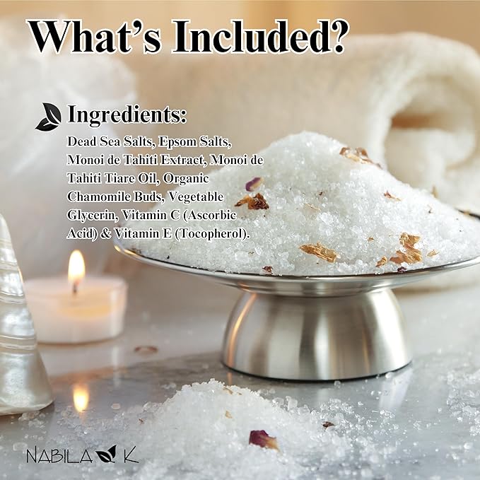 Polynesian Monoi Bath Salts by Nabila K - Dead Sea Salt & Epsom Salt Scrub & Soak - Exfoliates & Hydrates Skin, Botanical Essential Oils - Bubble Bath Accessories for All Skins Types, 8 oz-Velvo Beauty