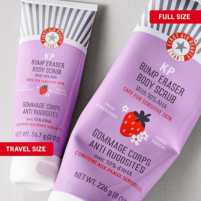 First Aid Beauty - KP Bump Eraser Body Scrub with 10% AHA, Keratosis Pilaris Exfoliator with Glycolic and Lactic acids, Helps Reduce Chicken Skin Bumps, Safe for Sensitive Skin, Strawberry Scent, 2 oz-Velvo Beauty