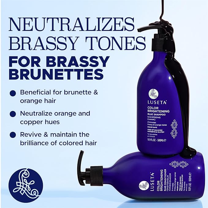 Luseta Blue Shampoo & Conditioner Set - Color Brightening for Brassy and Brunette Treated Hair, Revive Cool Tones, 2x 16.9oz-Velvo Beauty