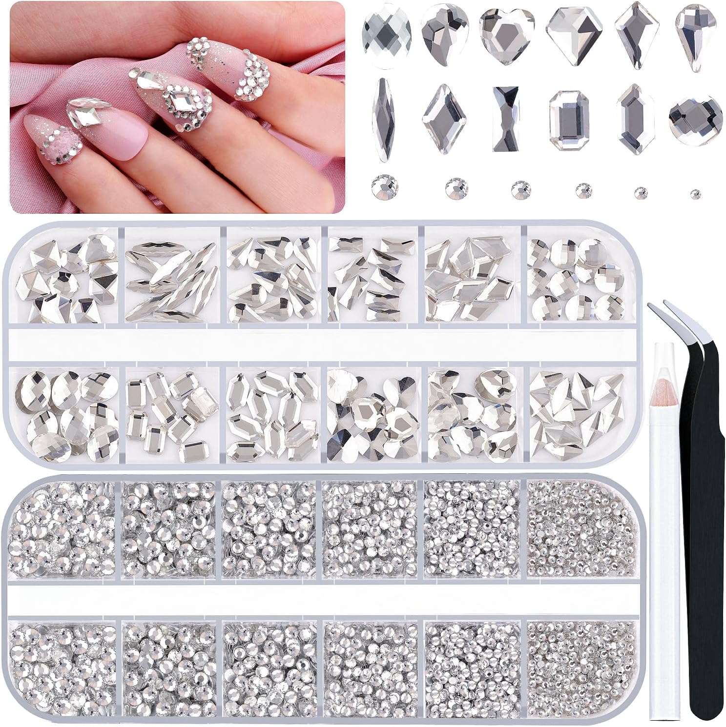 2680Pcs Silver Clear Nail Rhinestones 120Pcs Multi Shapes Glass Flatback Nail Gems + 2560Pcs 1.5-4mm Round Crystal, Manicure Nail Charms Diamond Gemstones for Acrylic Nails Decoration-Velvo Beauty