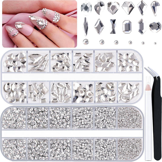 2680Pcs Silver Clear Nail Rhinestones 120Pcs Multi Shapes Glass Flatback Nail Gems + 2560Pcs 1.5-4mm Round Crystal, Manicure Nail Charms Diamond Gemstones for Acrylic Nails Decoration-Velvo Beauty