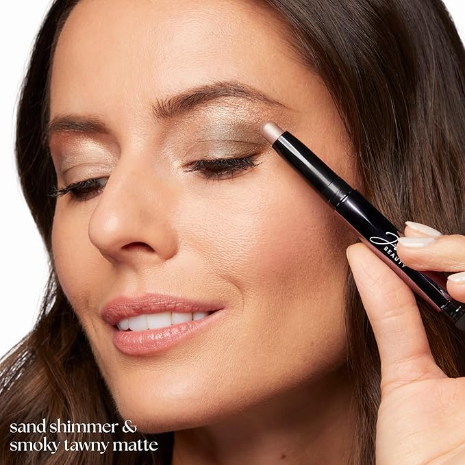 Julep Eyeshadow 101 Crème-to-Powder Waterproof Eyeshadow Stick Duo – Long-Lasting, Crease-Proof, Easy Apply with Built-in Smudger - Sand Shimmer and Smoky Tawny Matte-Velvo Beauty