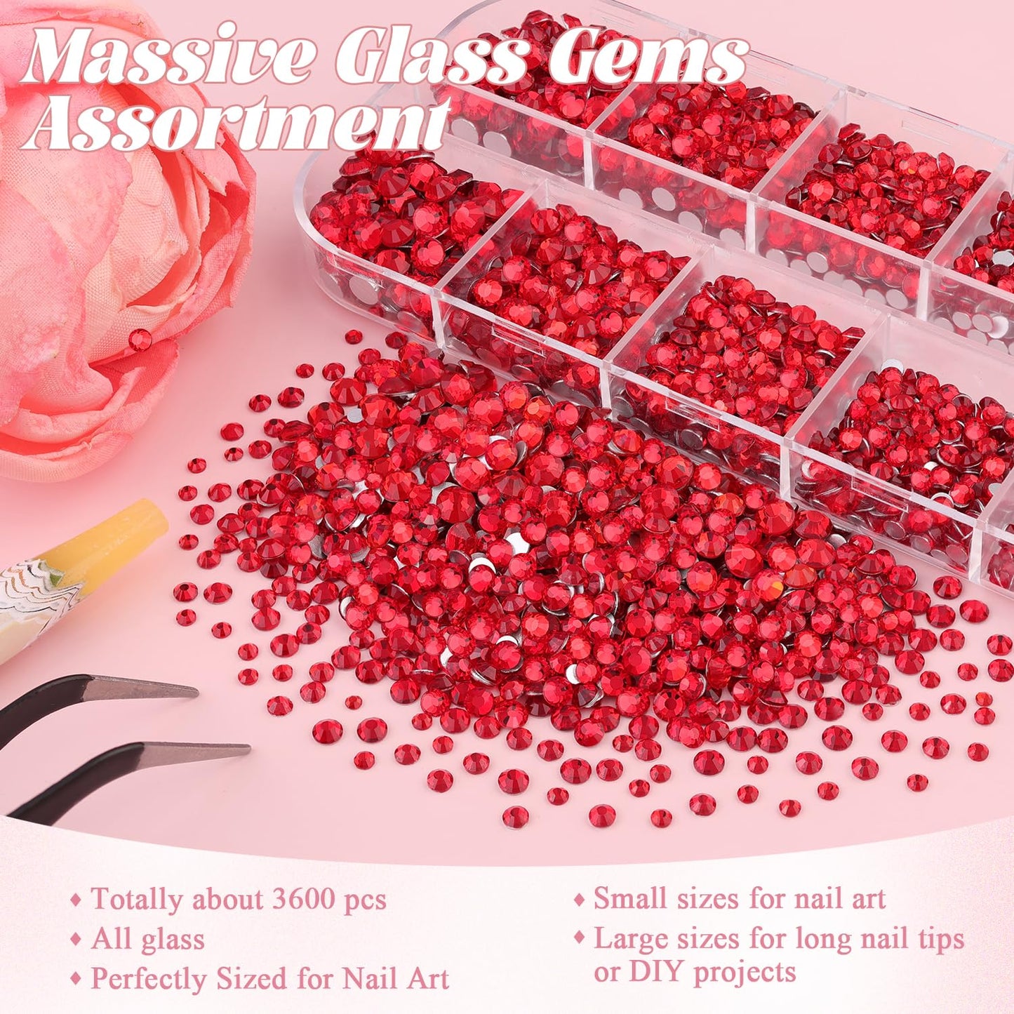 3600pcs Glass Red Nail Rhinestones 6 Sizes(1.8/2/2.4/2.8/3/4mm) Flatback Crystal Nail Charms Jewels Decoration for Nail Art and Crafting, Tweezer and Pickup Pen included-Velvo Beauty