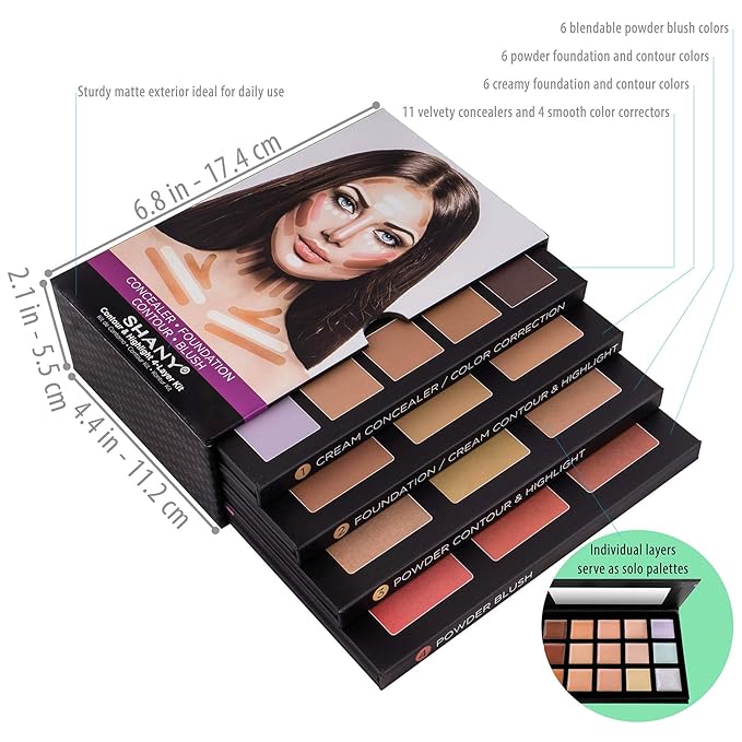SHANY 4-Layer Contour and Highlight Makeup Kit - Set of Concealer Palette, Color Corrector, Makeup Foundation Palette, Contour Highlight, and Blush Palettes Sets-Velvo Beauty