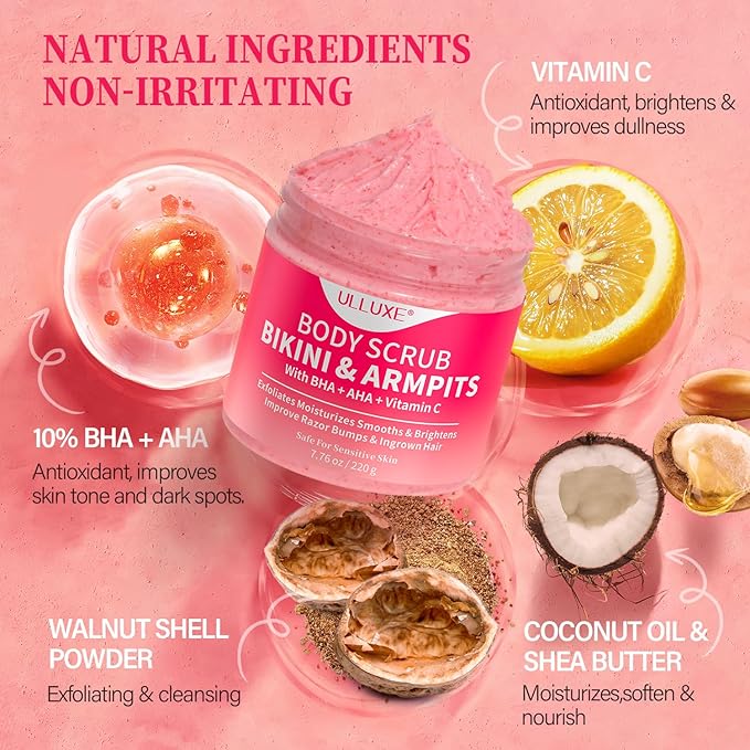 Bikini Area Exfoliator with 10% AHAs BHA & Vitamin C, Exfoliating Body Scrub for Ingrown Hair and Underarm Bumps, Dark Spots, Moisturize Brighten Soothe & Even Skin Tone, Sensitive Skin Safe, 7.76 oz-Velvo Beauty
