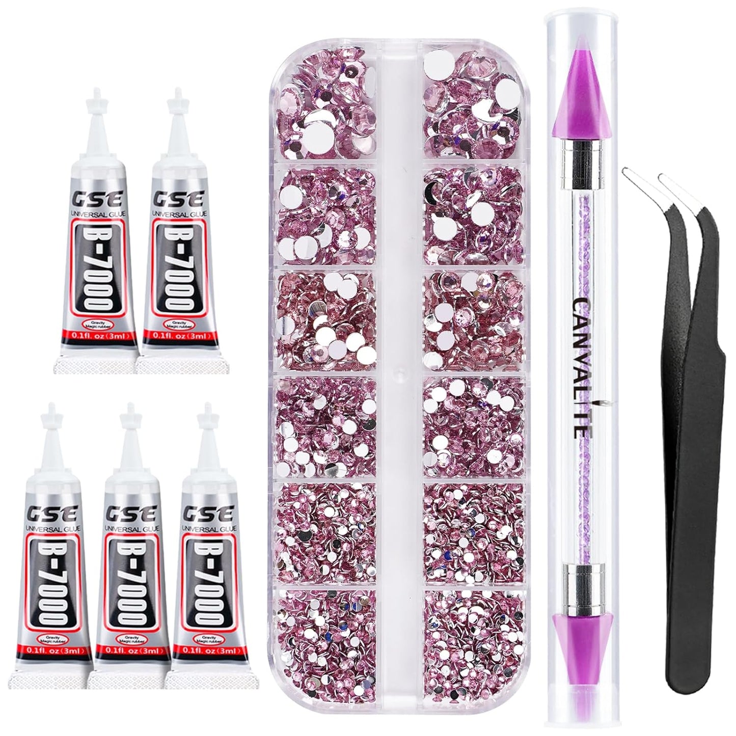 Canvalite 2784Pcs Pink Rhinestones Nail Art Gems with Tools, Flat Back Matte, Plastic, Nail Art, Rhinestones, Tweezer, Double Point Dotting Pen, 5Pcs Jewelry Glues-Velvo Beauty