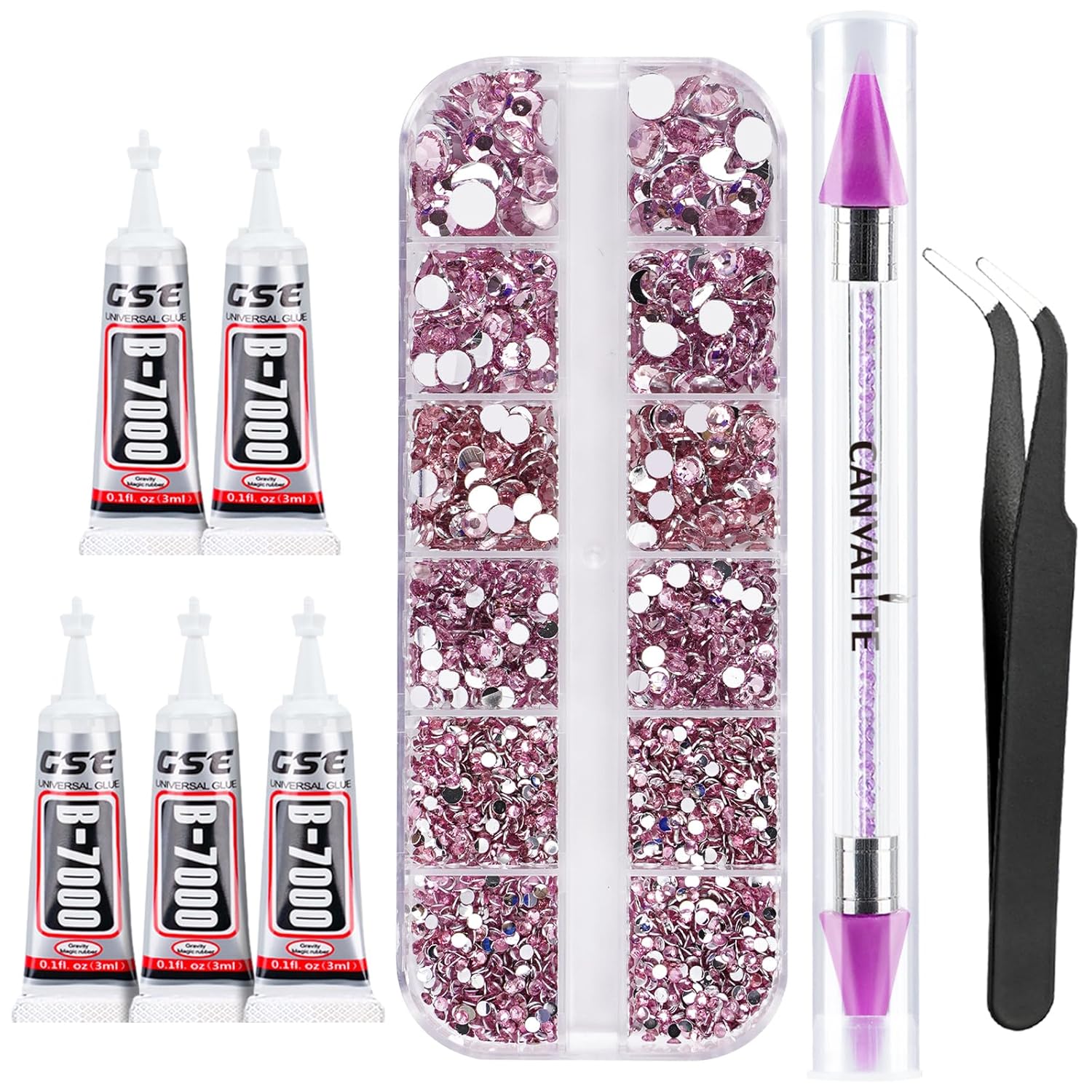 Canvalite 2784Pcs Pink Rhinestones Nail Art Gems with Tools, Flat Back Matte, Plastic, Nail Art, Rhinestones, Tweezer, Double Point Dotting Pen, 5Pcs Jewelry Glues-Velvo Beauty