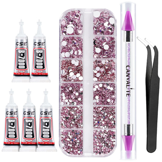 Canvalite 2784Pcs Pink Rhinestones Nail Art Gems with Tools, Flat Back Matte, Plastic, Nail Art, Rhinestones, Tweezer, Double Point Dotting Pen, 5Pcs Jewelry Glues-Velvo Beauty