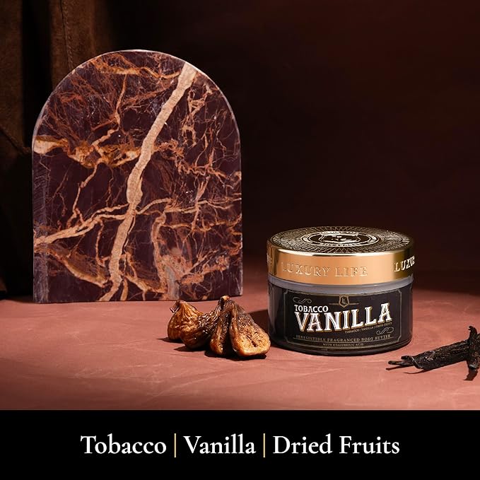 LUXURY LIFE BUTTER - Irresistibly Scented Body Butter with Hyaluronic Acid for Ultimate Moisture. Luxurious Natural Fragrance. Hydrates for a Non-Greasy Glamorous Glow, Tobacco Vanilla, 5 oz.-Velvo Beauty