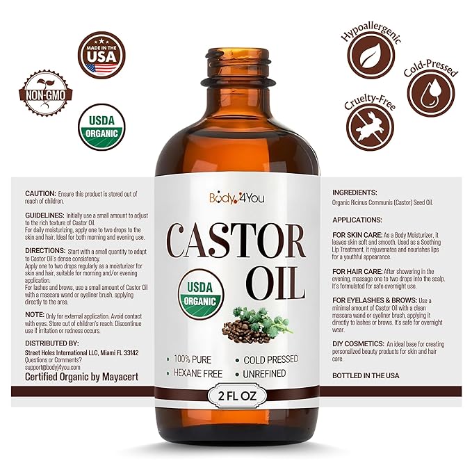 BodyJ4You Castor Oil for Eyelashes Eyebrows - 100% Pure Natural USDA Organic Cold Pressed - Hydrating Skin Hair Growth Oil Lashes Scalp - Non-GMO Hexane Free Unrefined Carrier - Glass Bottle 2 Fl Oz-Velvo Beauty