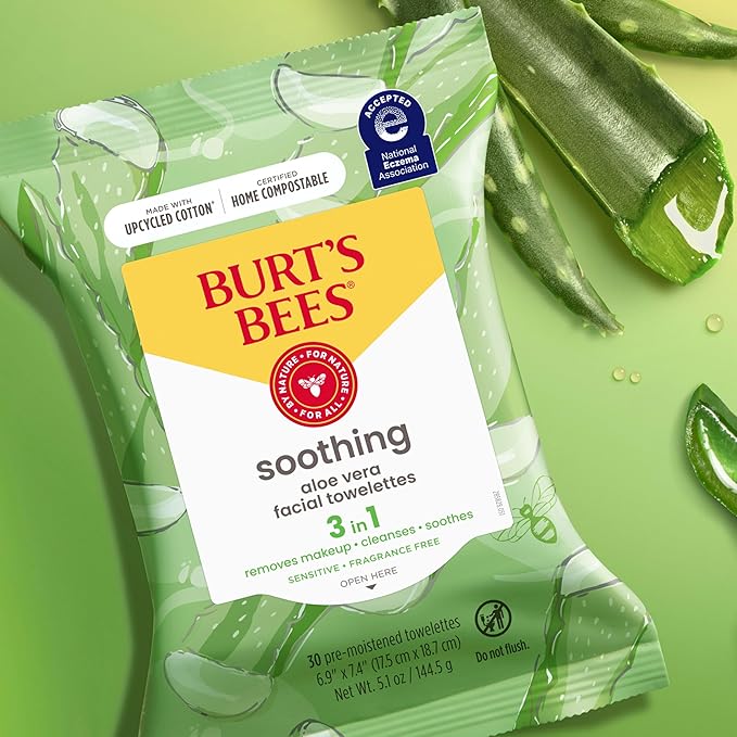 Burt's Bees Back To School Dorm Essentials, Aloe Vera Face Wipes, for Sensitive Skin, Soothing Makeup Remover & Facial Cleansing Towelettes, 30 Ct. (3-Pack)-Velvo Beauty