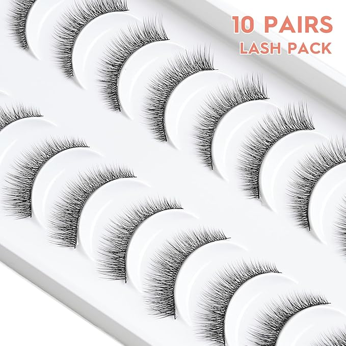 Natural Lashes 7MM Extra Short Eyelashes Natural Cat Eye Lashes 10 Pair False Eyelashes Wispy Eye Lashes Pack C Curl Strip Lashes 3D Volume Short Lashes Siligli Eyelashes-Velvo Beauty