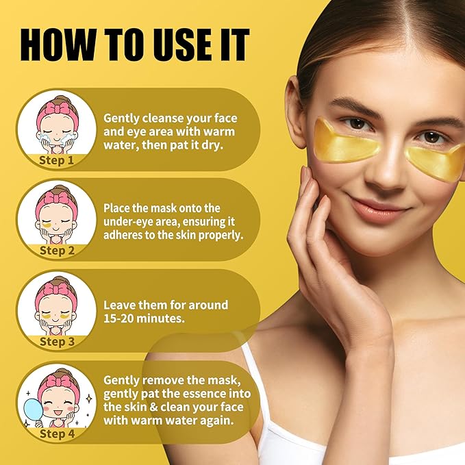 Eye Mask Under Eye Patches (20 Pairs) 24K Golden Under Eye Masks Hyaluronic Acid Eye Patches for Dark Circles and Puffiness, Reduce Wrinkles and Fine Lines Under Eye Area - Gold-Velvo Beauty
