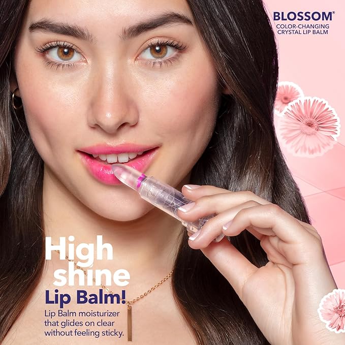 Blossom Moisturizing Custom Color Changing Crystal Lip Balm Strawberry Scented Lip Stain Tint, Mini Coconut Rollon Scented Lip Gloss, Infused with Real Flowers, 2 pk, Coconut/Purple-Velvo Beauty