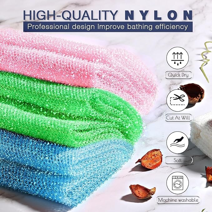 UJFQBH 3 Piece Bright Style African exfoliating net Exfoliating Shower Set Long Bath Sponges for Smooth, Refreshed Skin, The Exterior Gleams - Ideal for Daily Use (Bright Pink, Blue, Green)-Velvo Beauty