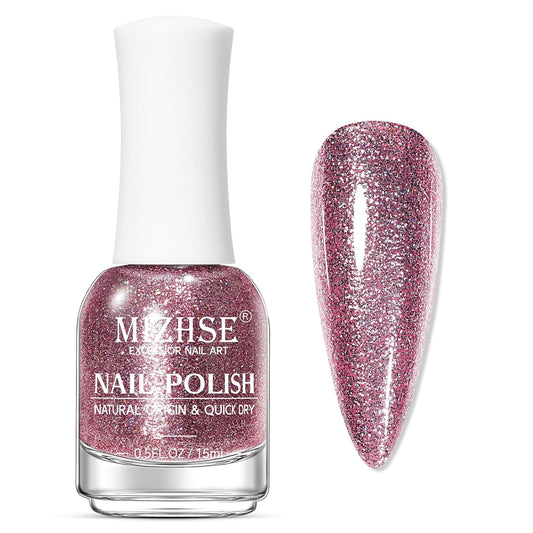 MIZHSE Quick Dry Glitter Pink Nail Polish, Shimmery Nail Polish Air Fast Drying, 15ml High Glossy Sparkly Shiny Nail Lacquer Nail Art Salon Manicure Home-Velvo Beauty