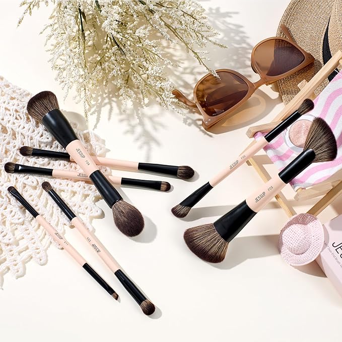 Jessup Makeup Brushes Set 7pcs Double Sided Makeup Brushes for Foundation Concealer Blush Eyeshadow Contour Bronzer Powder Blending Eyebrow Eyeliner, Cruelty-Free Make up Brushes Peach Dust T600-Velvo Beauty