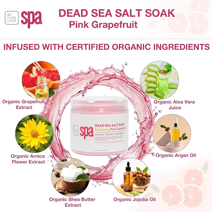 BCL SPA Dead Sea Salt Soak - bath salt with organic Pink Grapefruit, Shae Butter, Arnica, Aloe Vera juice, Chamomile, Argan oil & Jojoba oil skin exfoliator - Home/Professional use 16 fl oz-Velvo Beauty