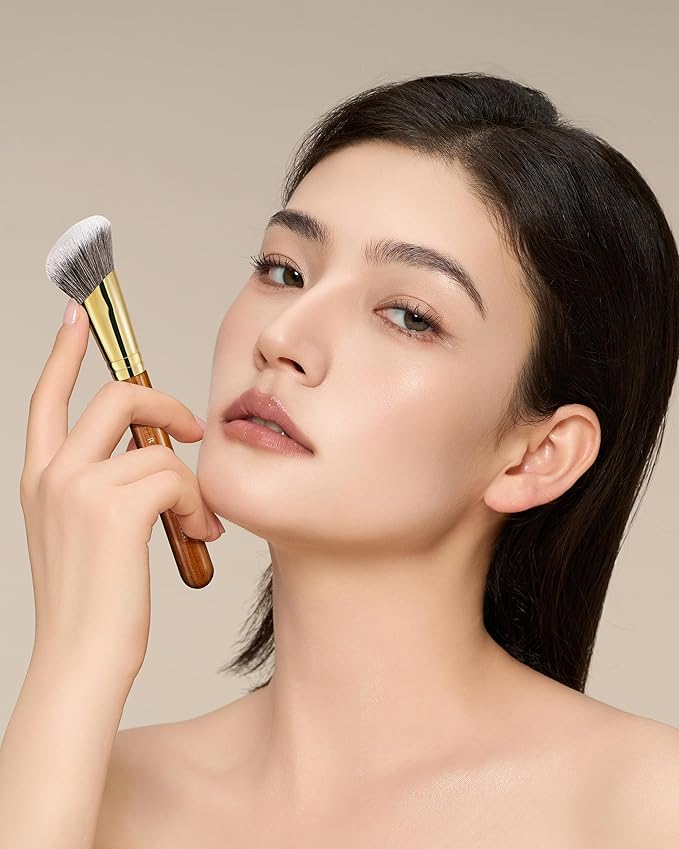 Desert Oak Series SlopeBlur Stipple Brush - Angled Nylon Bristles for Seamless Cream/Liquid/Powder Blending, Contour & Blush Application, Bubinga Handle (CM 192)-Velvo Beauty