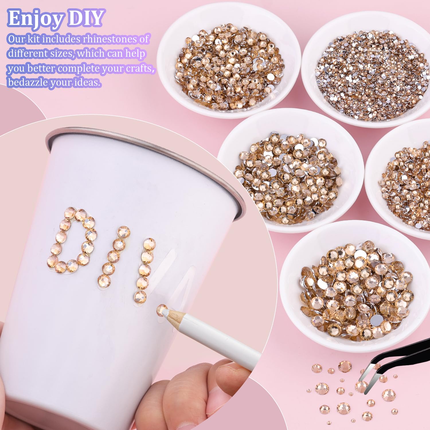 25000Pcs Resin Rhinestones with Tweezers for Crafting, Champagne 2-6mm Mixed Sizes Non Hotfix Flatback Gems, Bedazzling Crystal for DIY Craft Clothing Mugs Tumblers Shoes Fabric Decor Nail Art-Velvo Beauty