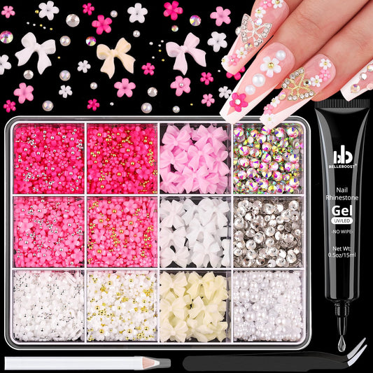 3D Nail Charms and Gems Set 6 with Rhinestone Glue, 75PCS Chunky Coquette Pink & White Bow Nail Charms + Kawaii Cute 3D Flowers for Nails + Clear & AB Glass Crystals + Flat Pearls for Y2K Nail Decor-Velvo Beauty