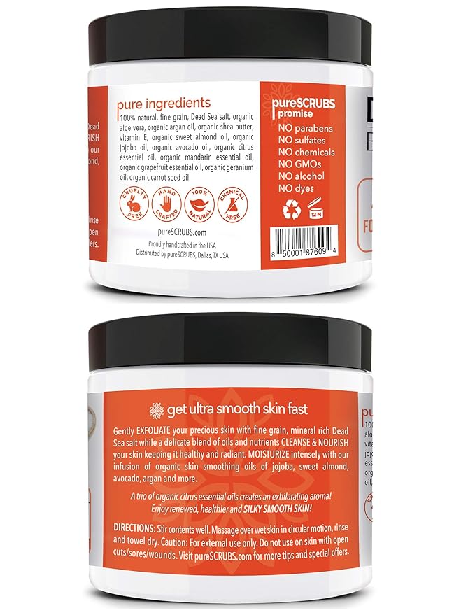 pureSCRUBS Premium Citrus Body Scrub Set - Large 16oz Dead Sea Salt Body Scrub With Infused Essential Oils & Nutrients, Includes Wooden Spoon, Loofah & Oatmeal Exfoliating Bar Soap-Velvo Beauty
