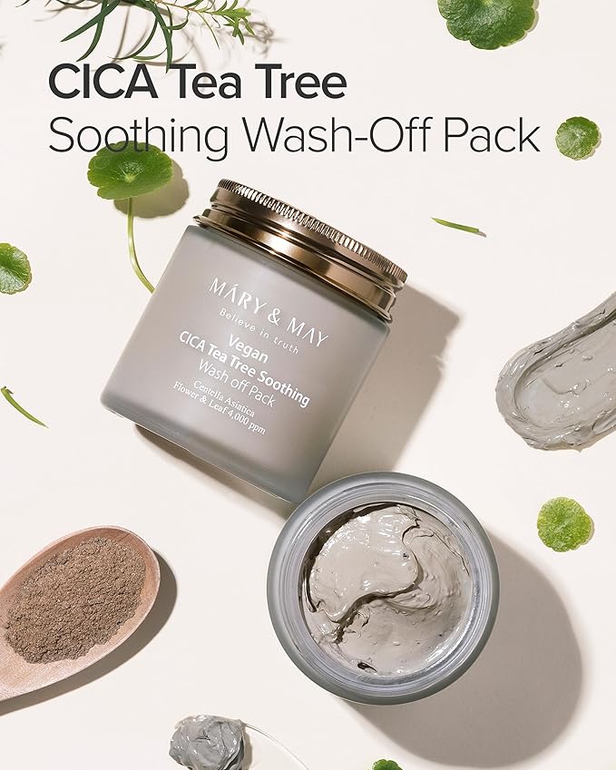 Mary&May Vegan Cica Tea Tree Soothing Wash Off Pack - Natural Centella Clay Mask for Sensitive Skin, Relieves Irritation, Cleanses Pores, and Hydrates, 4.23oz.-Velvo Beauty
