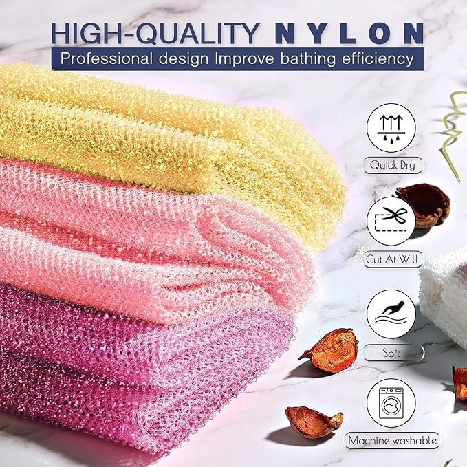 3 Piece Bright Style African exfoliating net Exfoliating Shower Set Long Bath Sponges for Smooth, Refreshed Skin, The Exterior Gleams - Ideal for Daily Use (Bright Yellow, Pink, Purple)-Velvo Beauty