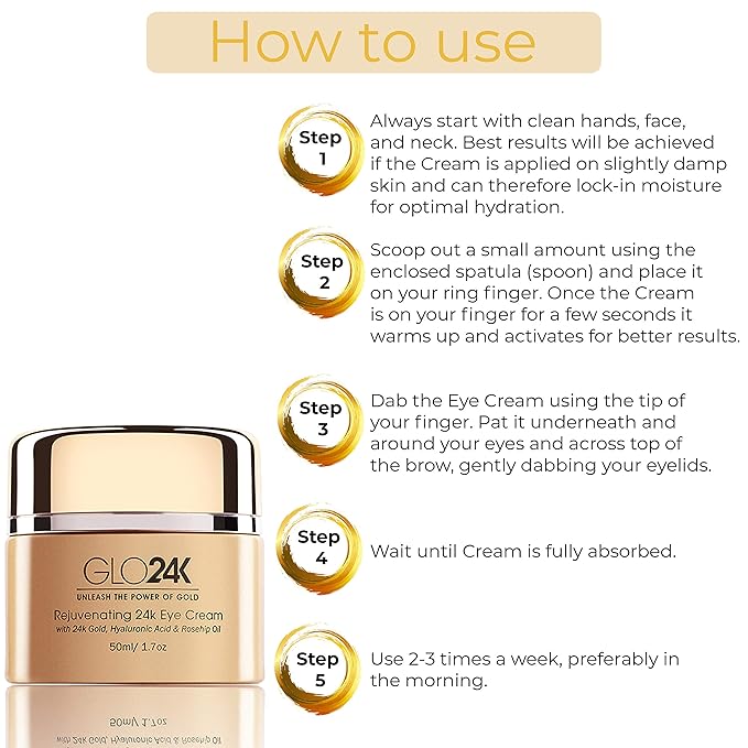 GLO24K Eye Cream with 24k Gold, Hyaluronic Acid, Rosehip Oil, and Vitamins. Minimizes wrinkles and fine-lines around the eyes-Velvo Beauty