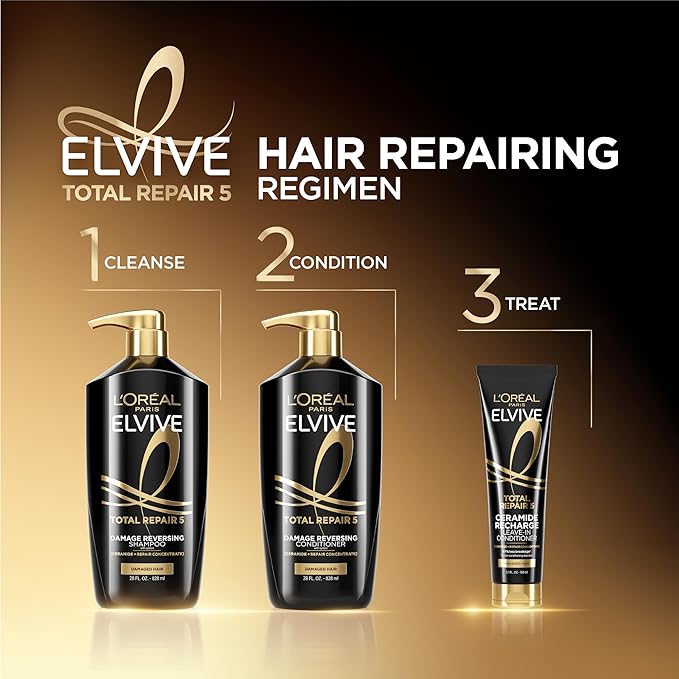 L'Oreal Paris Elvive Total Repair 5 Repairing Shampoo and Conditioner for Damaged Hair, 28 Ounce (Set of 2)(Packaging May Vary)-Velvo Beauty