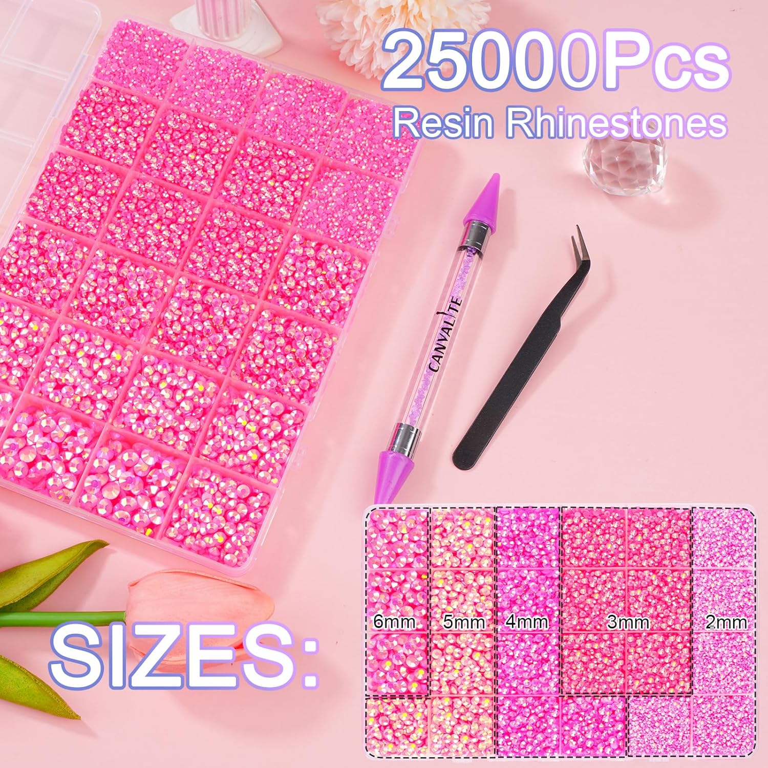 Canvalite 25000PCS Resin Jelly Rhinestones for Crafting,Hot Pink AB Flatback Gems, Bedazzling Crystal with 5x2.5g B7000 Jewelry Glue and Tweezers Dotting Pen for DIY Crafts Clothing Shoes Nail Art-Velvo Beauty
