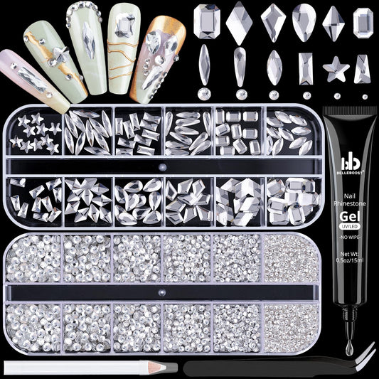 3220Pcs Silver Clear Nail Rhinestones 120Pcs Multi Shapes Glass Flatback Nail Gems + 3100Pcs 1.5-4mm Round Crystal with Rhinestones Glue Gel, Manicure Nail Charms Diamond Gemstones for Nail Art-Velvo Beauty