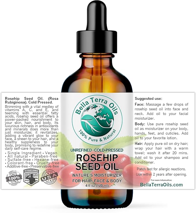 Bella Terra Oils - Organic Rosehip Oil 4 oz - Hailing from The Finest Rosa Mosqueta, Abundant in Omega-6 & Omega-3 Fatty Acids, Pure Radiance for Face-Velvo Beauty