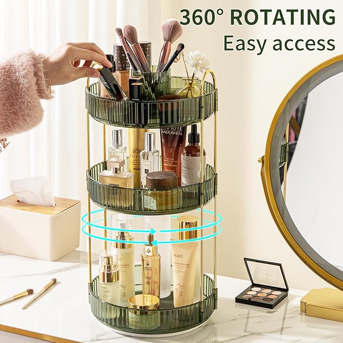 360° Rotating Makeup Organizer, Large-Capacity Skincare Make Up Storage 3 Tier Perfume Organizers Cosmetic Dresser Organizer with Makeup Brush Holder, Fits Bedroom, Bathroom, Vanity Shelf Countertop-Velvo Beauty