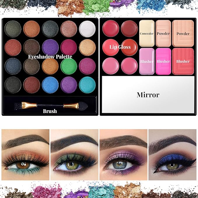 Makeup Set for Women Full Kit - 32 Colors Makeup Palette,5pcs Brushes Set, Mascara & Stamp Liquid Eyeliner, Eyebrow Pen, 2pcs Matte Liquid Lipsticks, 2 Powder Puff, 1 Cosmetic Bag Makeup Gift Set-Velvo Beauty