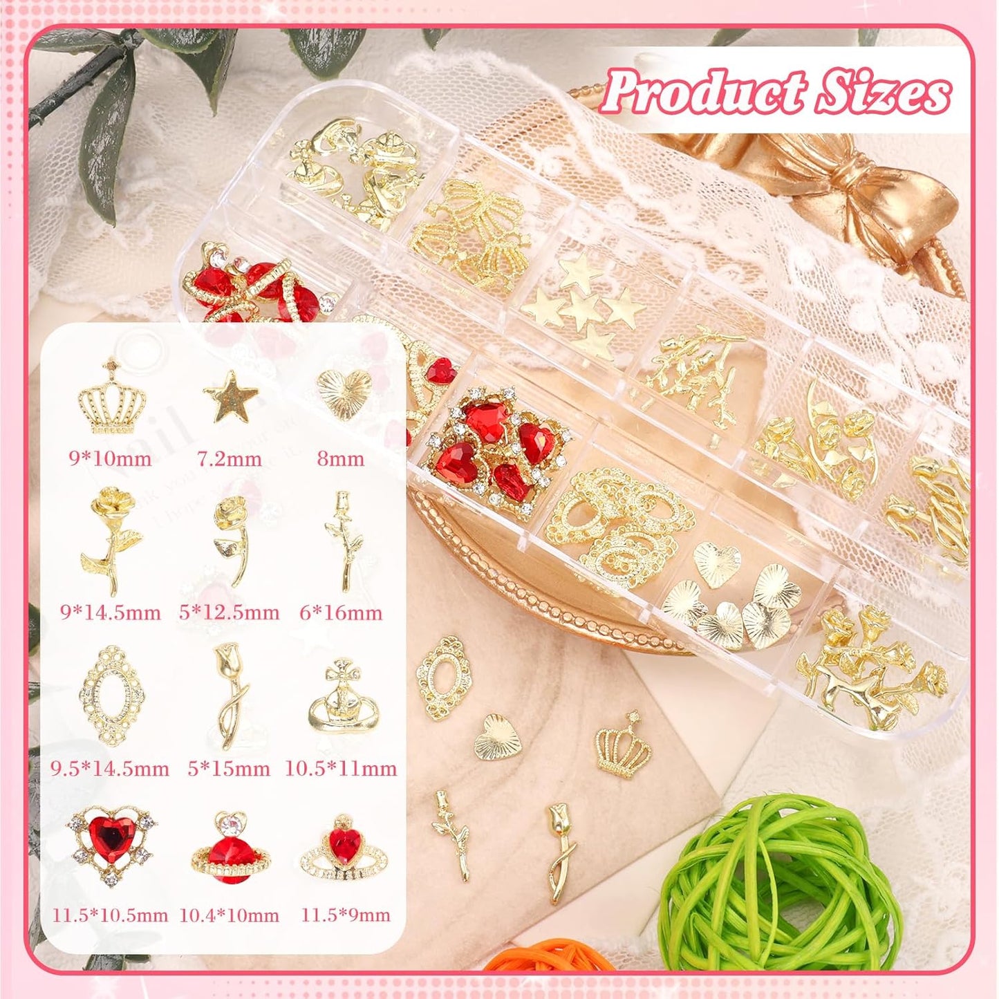 2 Boxes Metal Gold Nail Charms and Gems, 3D Alloy Crown Heart Planet Nail Gems Charms, Golden Bows Star Nail Studs, Gold Pearls Beads for Nails Art Designs DIY Accessories-Velvo Beauty