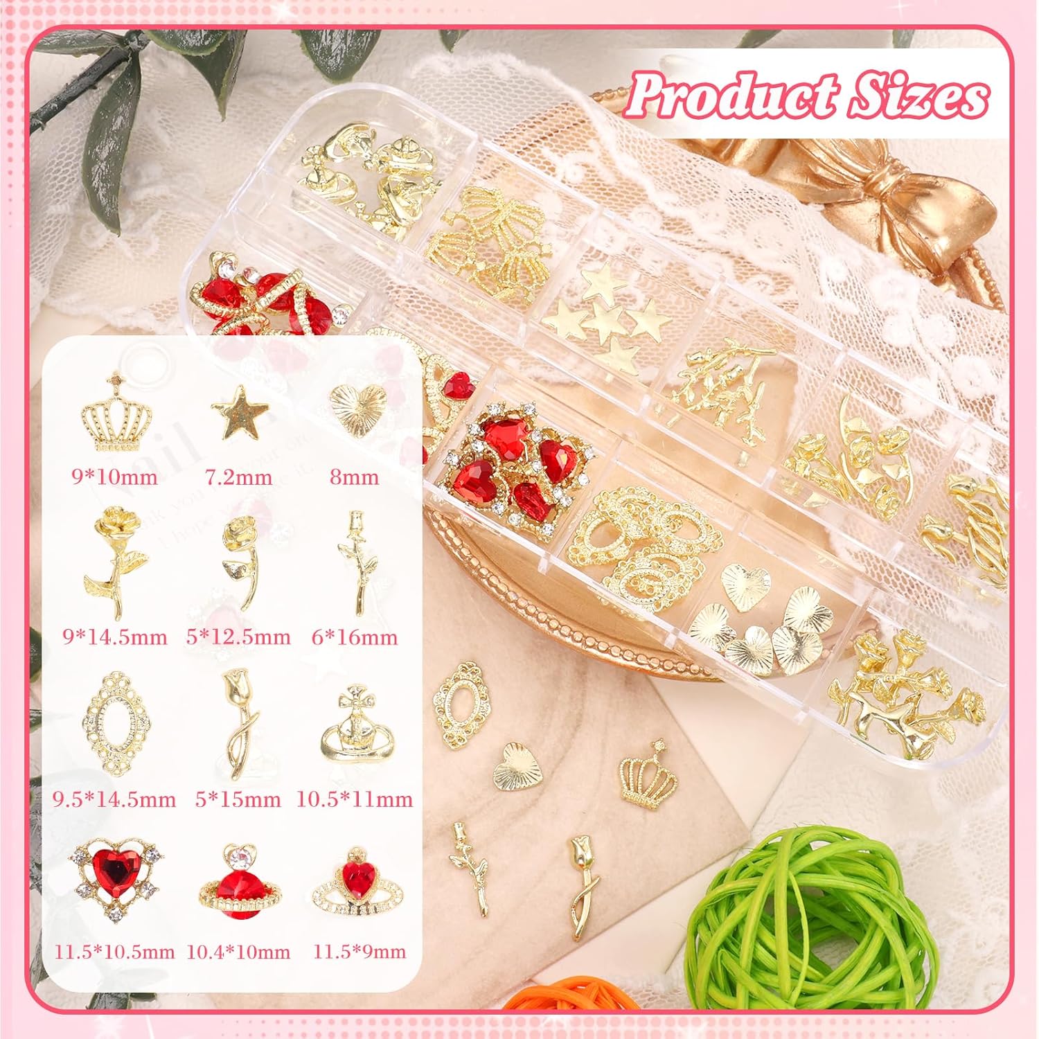 2 Boxes Metal Gold Nail Charms and Gems, 3D Alloy Crown Heart Planet Nail Gems Charms, Golden Bows Star Nail Studs, Gold Pearls Beads for Nails Art Designs DIY Accessories-Velvo Beauty