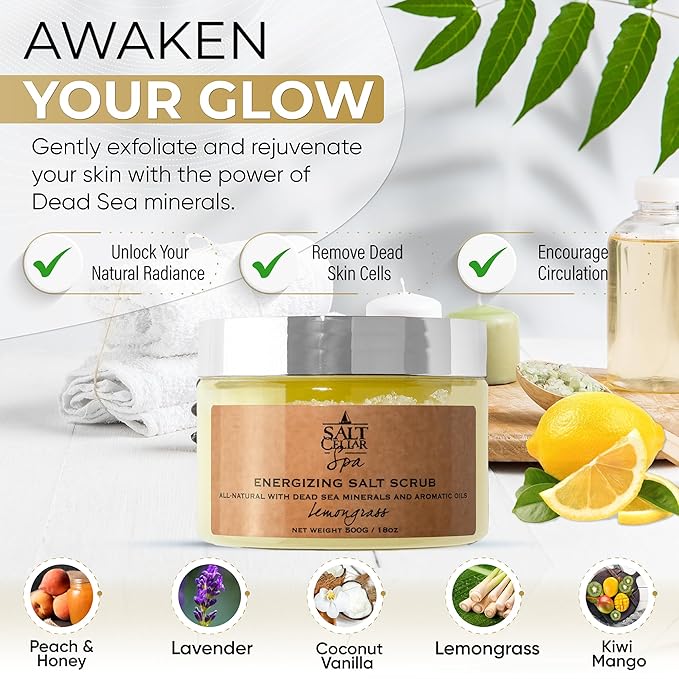 Salt Cellar Spa Energizing Lemongrass Salt Scrub - Awaken Your Skin with Dead Sea Minerals - Revive, Refresh, and Rejuvenate - Made in Israel, Cruelty-Free, 18 oz.-Velvo Beauty