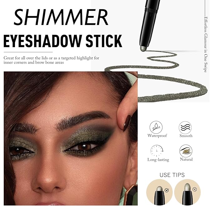 Eyeshadow Stick Waterproof Long Wear Cream Eye Shadow Pencil Single Shimmer Glitter Blendable Smokey Eyeshadow Crayon Cream to Powder Highly Pigmented Color Eyeliner Makeup, 4 GREEN-Velvo Beauty
