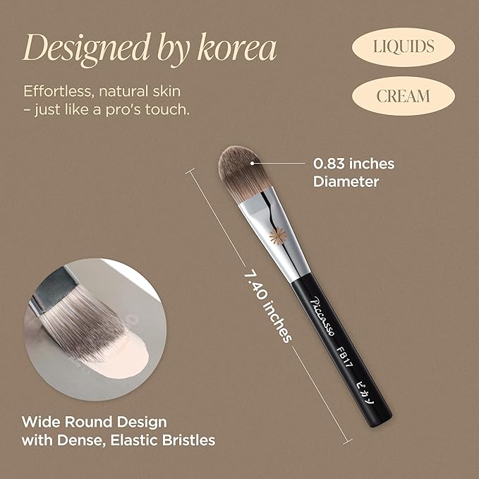 Piccasso FB17 Foundation Brush – Soft Makeup Brush for Liquid & Cream Foundation, Curved Bristles for Smooth and Flawless Face Makeup, Professional Tool for Base Layering, Korean Beauty Essential-Velvo Beauty