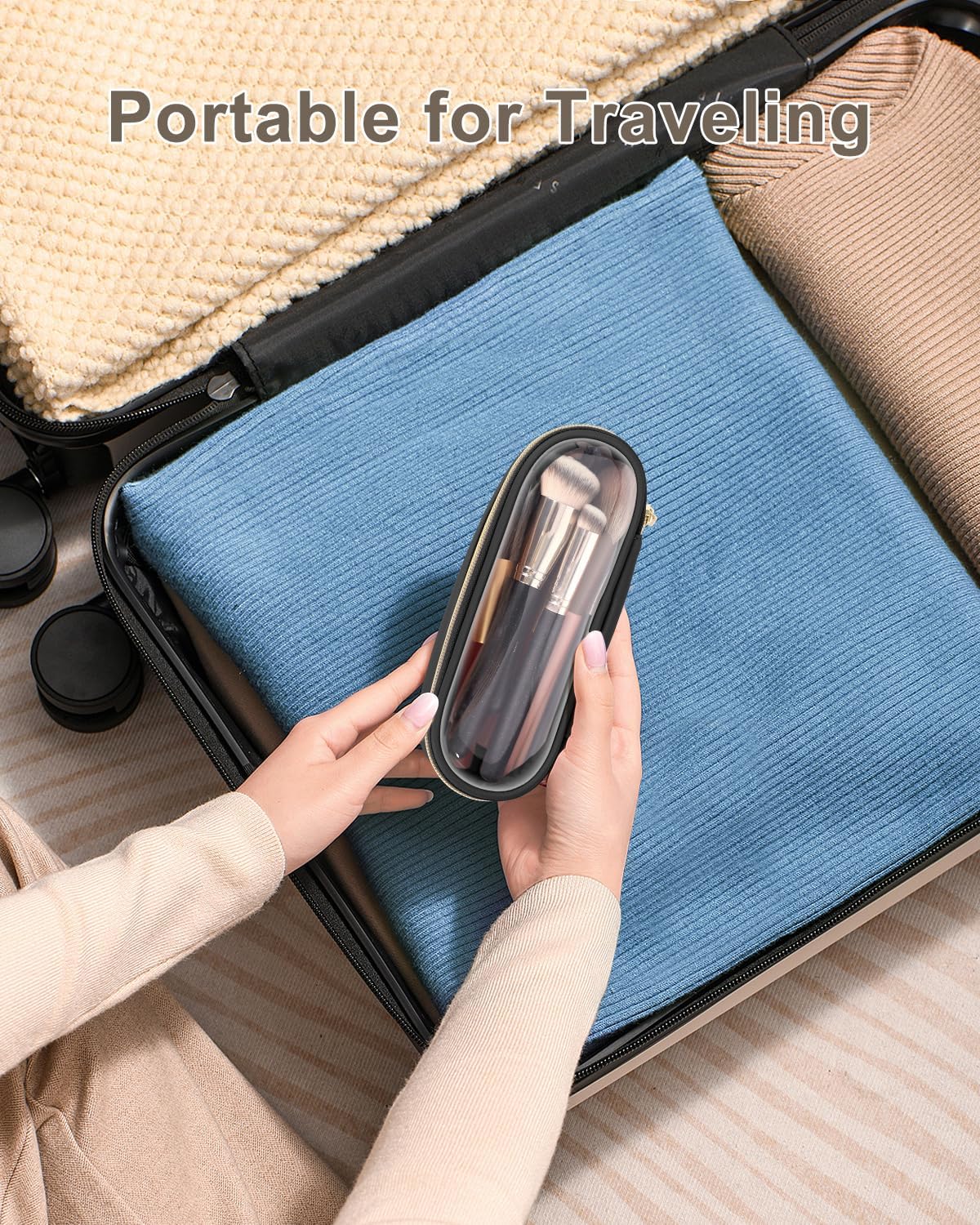 Clear Travel Makeup Brush Holder, Leather Makeup Brush Toiletry Bag, Portable Cosmetic Brush Case, Transparent Waterproof Makeup Brush Storage Bag, Black-Velvo Beauty